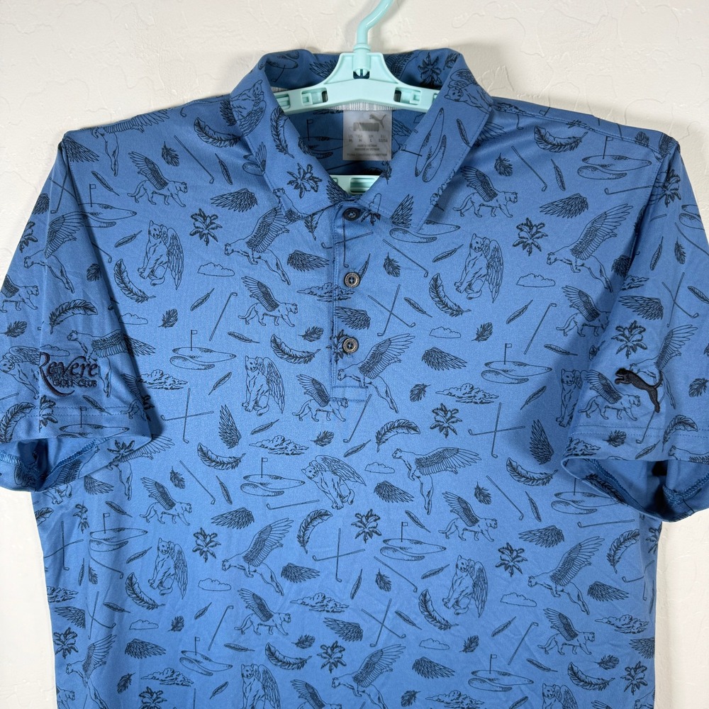 Puma Golf Polo Mens Medium Blue Revere Golf Club Pegasus Print Performance Shirt